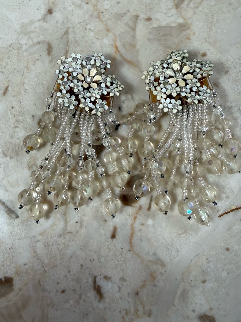 Floral Crystal Fringe Earrings - Ivory Bead Tassels Clip On